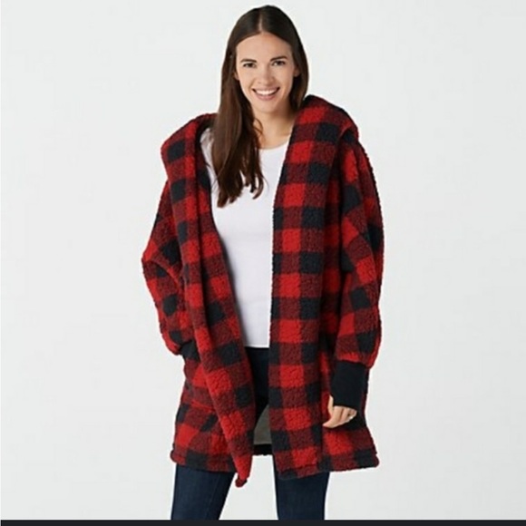 BumbleBella Jackets & Blazers - BumbleBella Red and Black Plaid Sherpa Jacket
